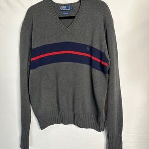 VTG 90s Polo Ralph Lauren Mens Sweater Gray Striped Cotton Vintage Large